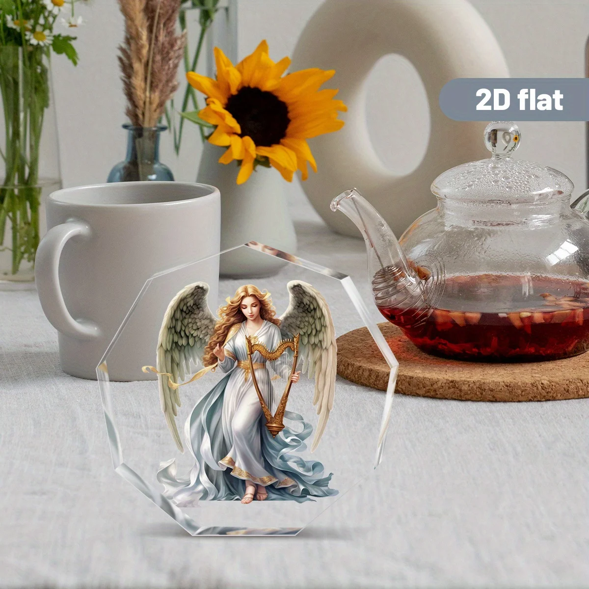 2D， Religious Acrylic Desktop Decoration - Angel Playing Harp, Suitable for Indoor/Outdoor, Baptismal Decoration, Gifts