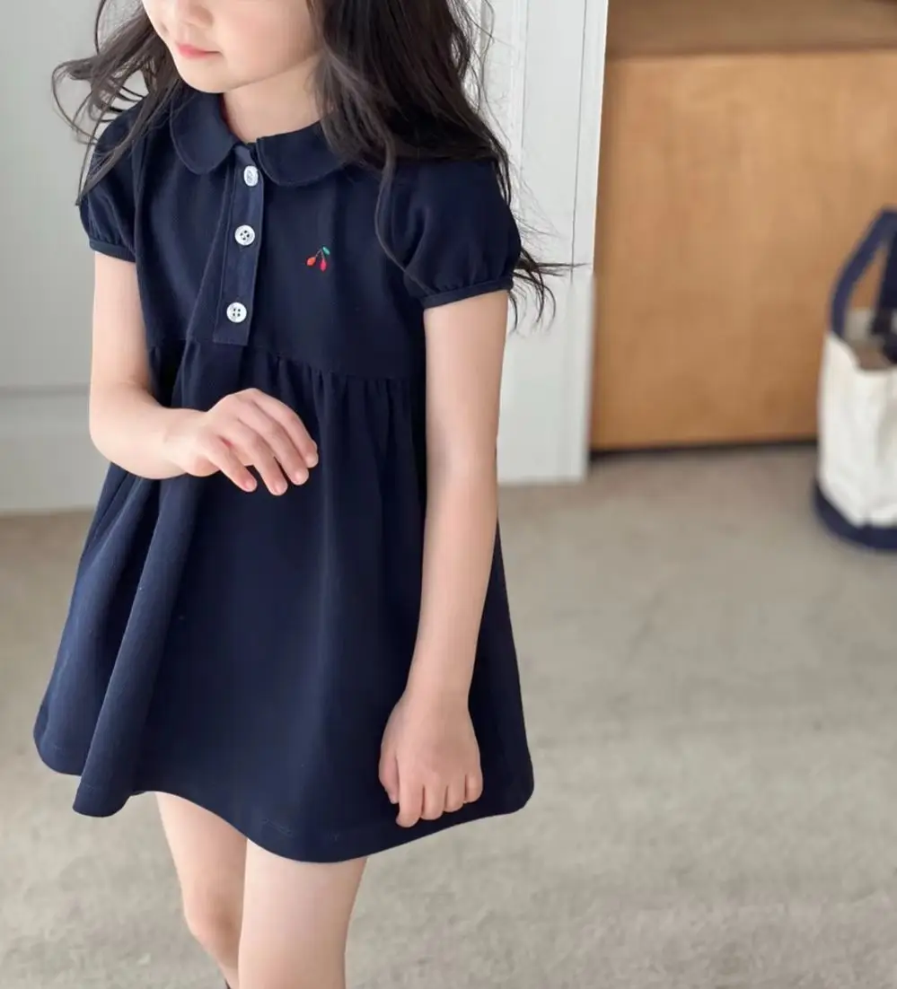 

summer dress baby dresses Fruit cherry embroidered solid color lapel dress Student style dress girls clothes