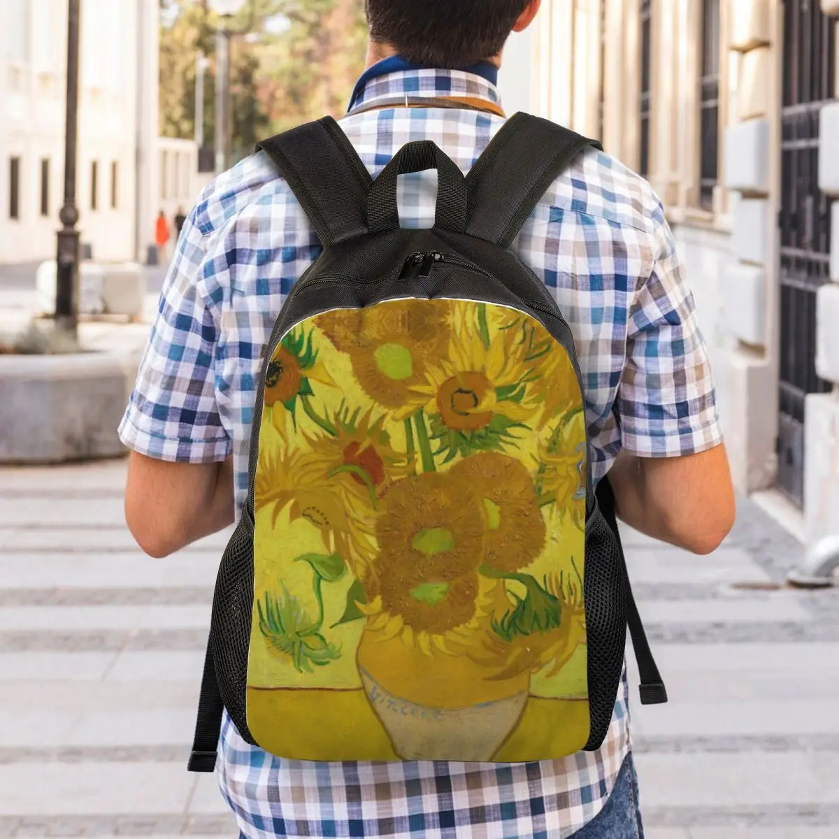 Vaso personalizado com girassóis Mochila para homens e mulheres, estudantes universitários Bookbag, sacos de pintura, Van Gogh