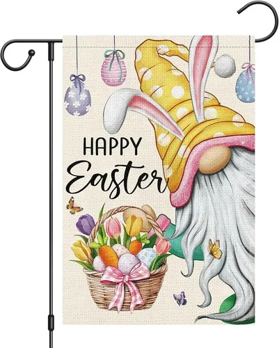 Happy Easter Gnome with Rabbit Ears Garden Flag Double Sided Burlap, 12x18 XXQ