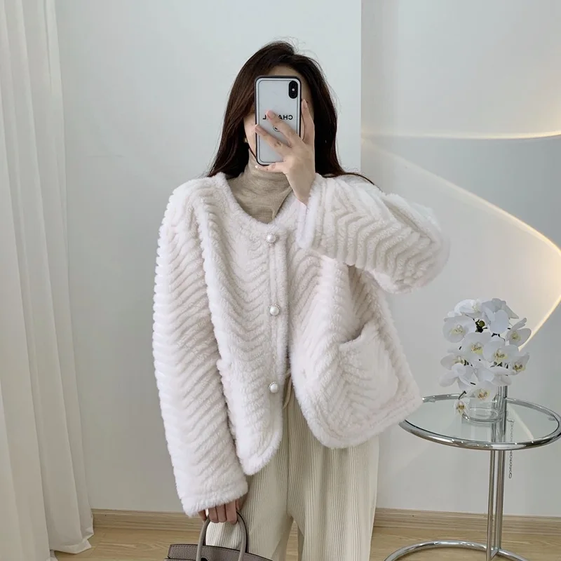 Menina Bonita 2022 Fashion Winterjas 100% Grain Fleece Inhoud Stof Echt Bont Vrouwen Enkele Breasted Jas Losse Streetwear