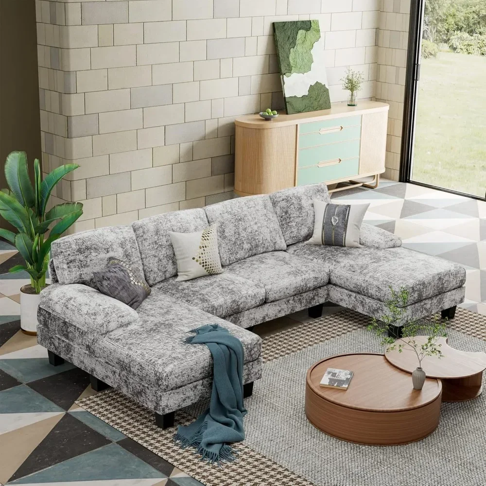 Convertible Sectional Sofa, Modern Fabric U-shaped Living Room Furniture Set with Double Chaise Longue and Sectional Sofa Bed