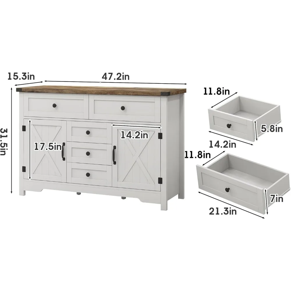 47.3'' Farmhouse Dresser Chests for Bedroom with 5 Drawers & 2 Barn Doors, Tall Chest of Drawers, Rustic Dresser TV Stan