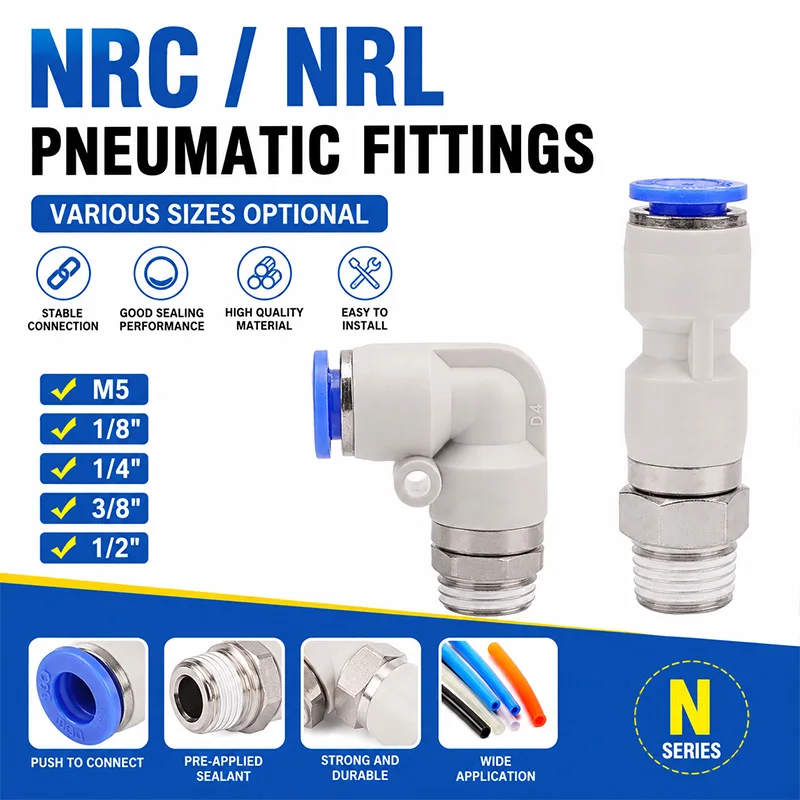 NRL NRC 360 Degree Swivel Pneumatic Fittings 4-12mm Push to Connect Rotary Elbow Straight Male Thread Air Hose Connector Fitting