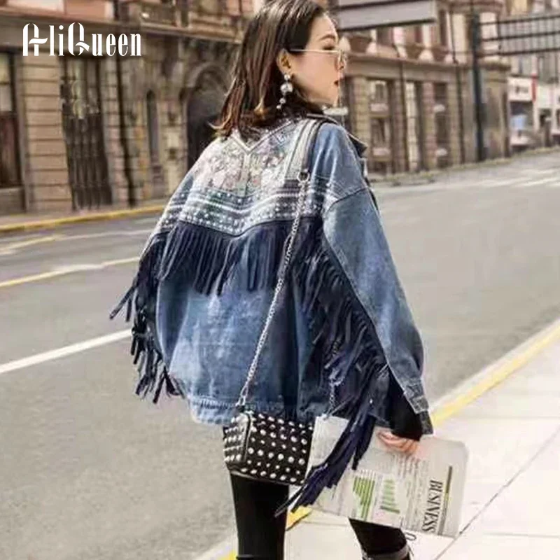 

Autumn Streetwear Denim Jacket Women Hand-studded Rivet Tassel Embroidery Jeans Jacket Loose Black Coats Chaquetas Mujer 2023