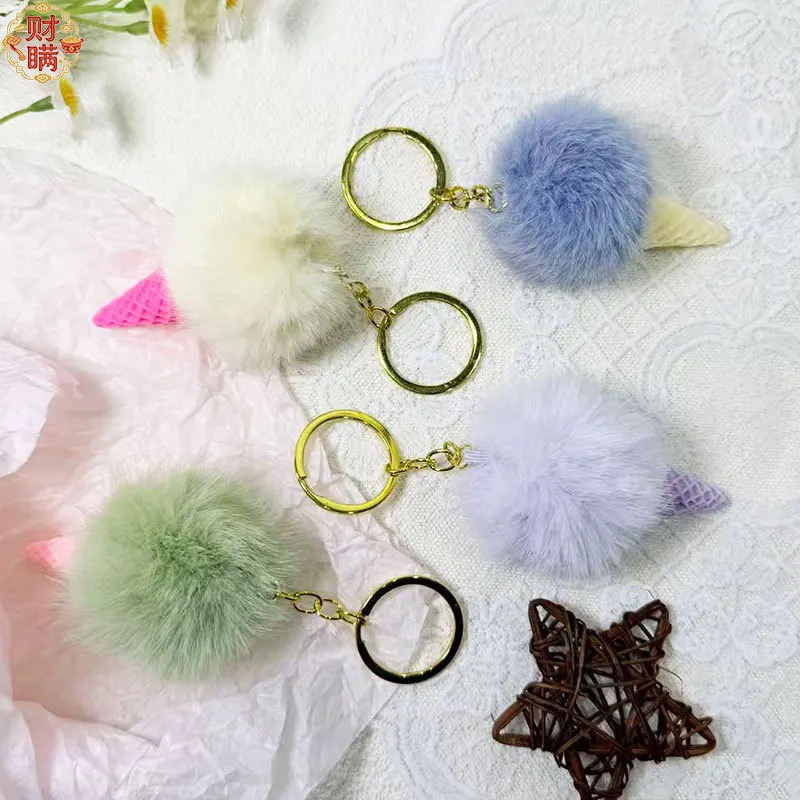 popsicle keychain Mini Ice Cream Key Ring With Tassel Student Fluffy Pom Pom Velvet Plush Keychain For Girls Bag Decoration Gift