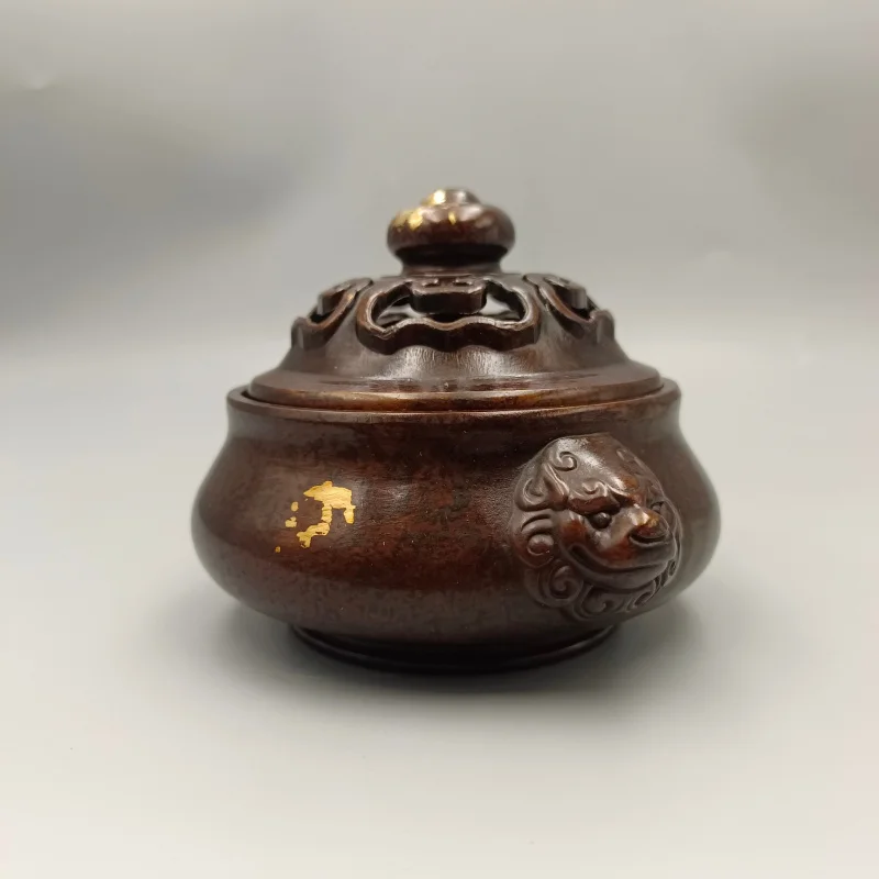 Lion Head Ear Ingot Cover Incense Burner, Copper Collectible Ornament, Home Decor Craft
