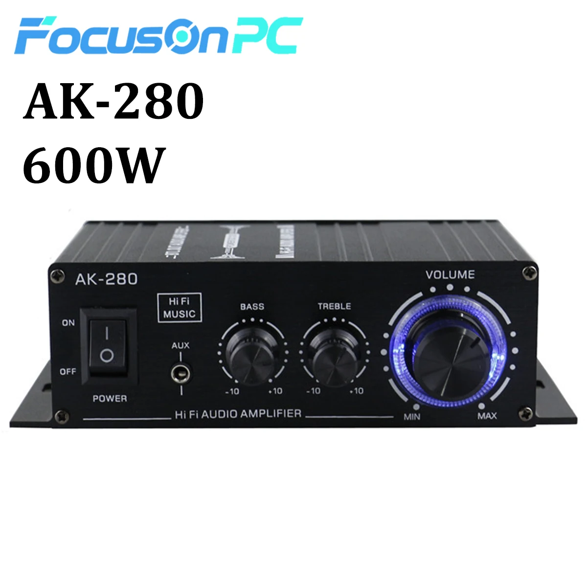 FocusOnPC 1×600W Dual-Channel Class AB Mini Power Amplifier, 2.0 Channel Hifi Stereo Audio Amp with RCA/AUX Input, Bass & Treble Control for Home, Computer & Car, No Power Adapter & Cord