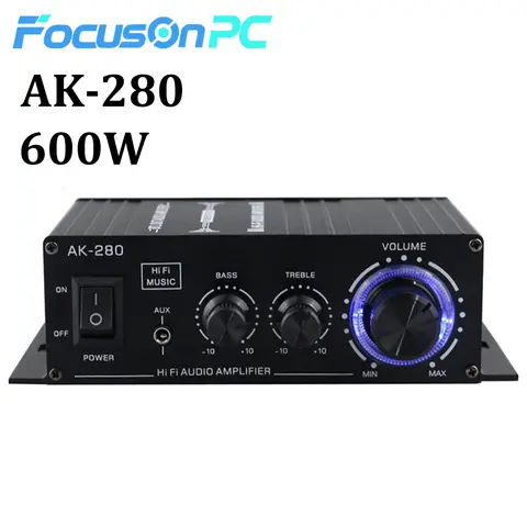 FocusOnPC 1×600W Dual-Channel Class AB Mini Power Amplifier, 2.0 Channel Hifi Stereo Audio Amp with RCA/AUX Input, Bass & Treble Control for Home, Computer & Car, No Power Adapter & Cord