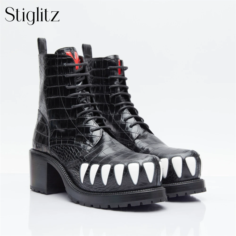 White Teeth Black Leather Boots Croc Embossed Lace up Ankle Boots 70mm Chunky Heel Fashion Boots Designer Style Handmade Boots