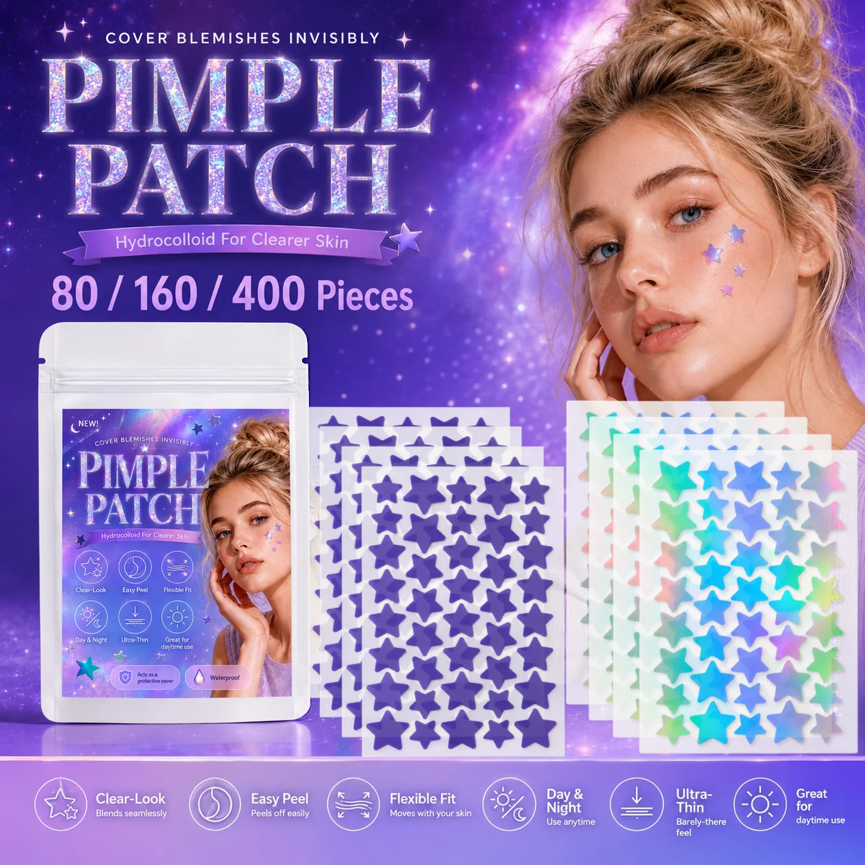 80/160/400pcs Iridescent Star-Shaped Pimple Patches, Hydrocolloid, Clear-Look, Flexible Fit for Day & Night Styling