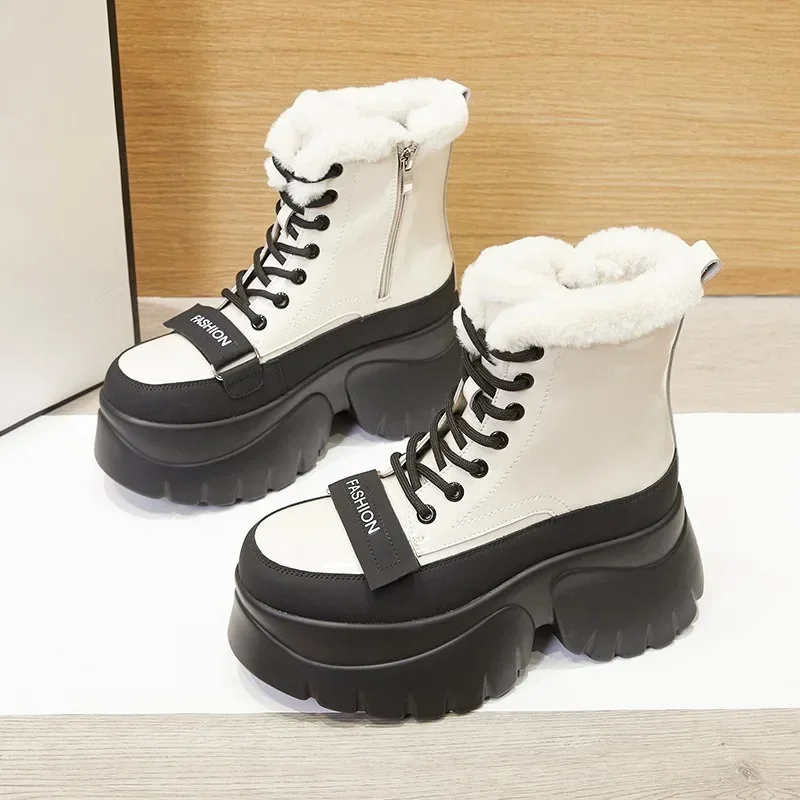 5.5cm novo couro de microfibra patente acolchoado plataforma cunha inverno pelúcia primavera feminino quente durável tornozelo botas outono sapatos