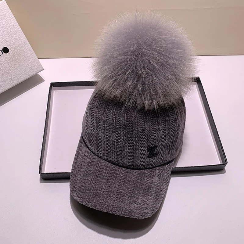 New baseball caps 2025 winter cap for women Real fox fur pompom ball cap Adjustable Casual Snapback hat cap