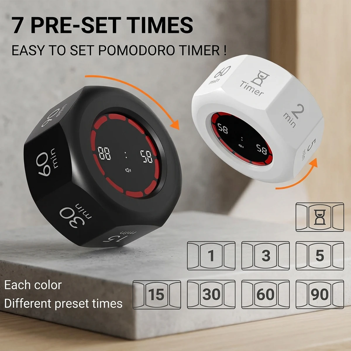 Rechargeable Flip Pomodoro Timer 1/3/5/15/30/60/90 Mins Countdown Timer 3 Adjustable Sound Modes for Kids Cooking Office Focus
