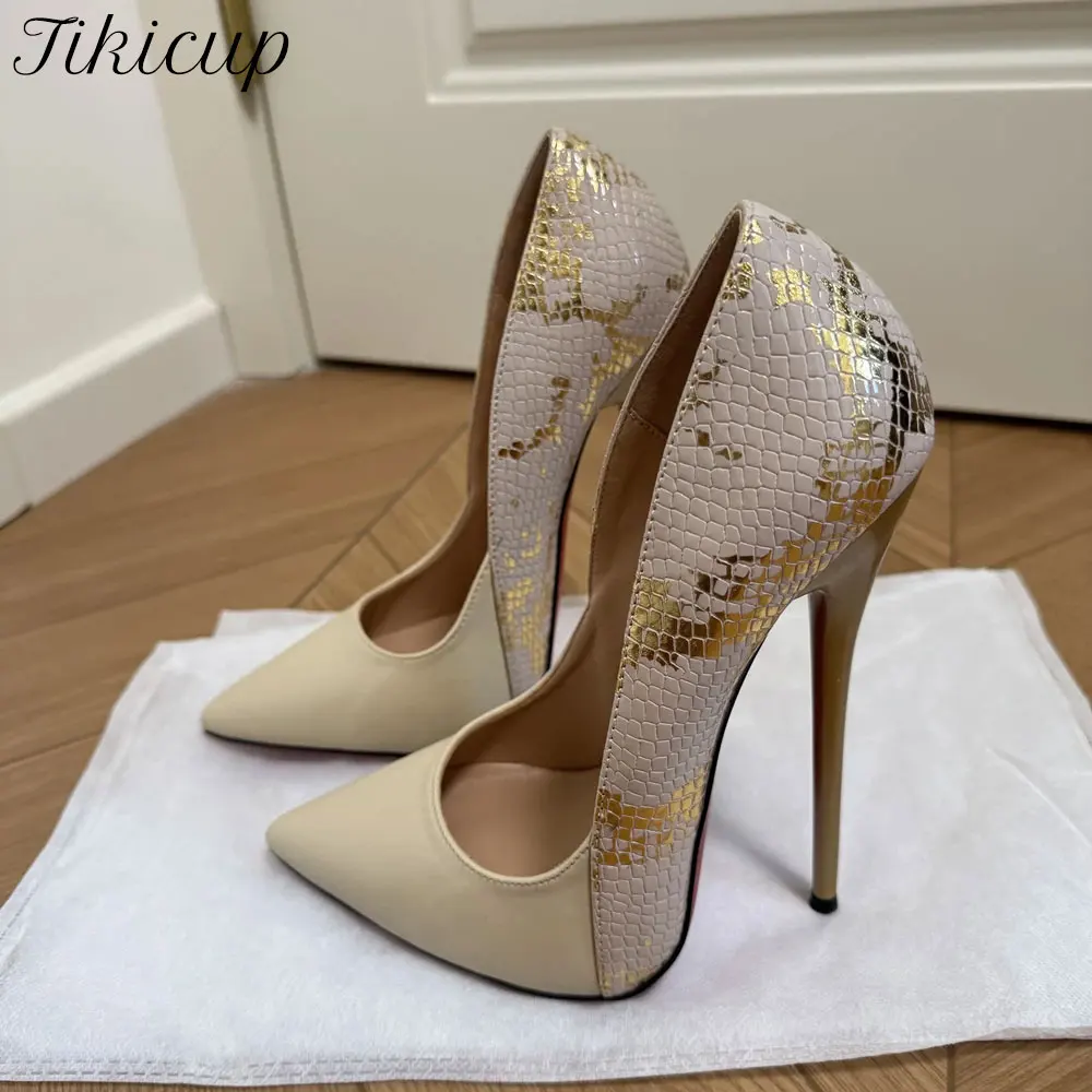 Fashion Club Party 14/16cm Ultra High Heels Gold Snake Skin Print Pointed Toe Stiletto Pumps  Pole Dancing Model Catwalk Shoes
