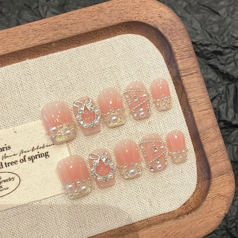

10Pcs Short Handmade Pearls Press on Nails Art Full Cover Cat Eye Pink False Nail French Finished Ballet Manicure for Young Girl