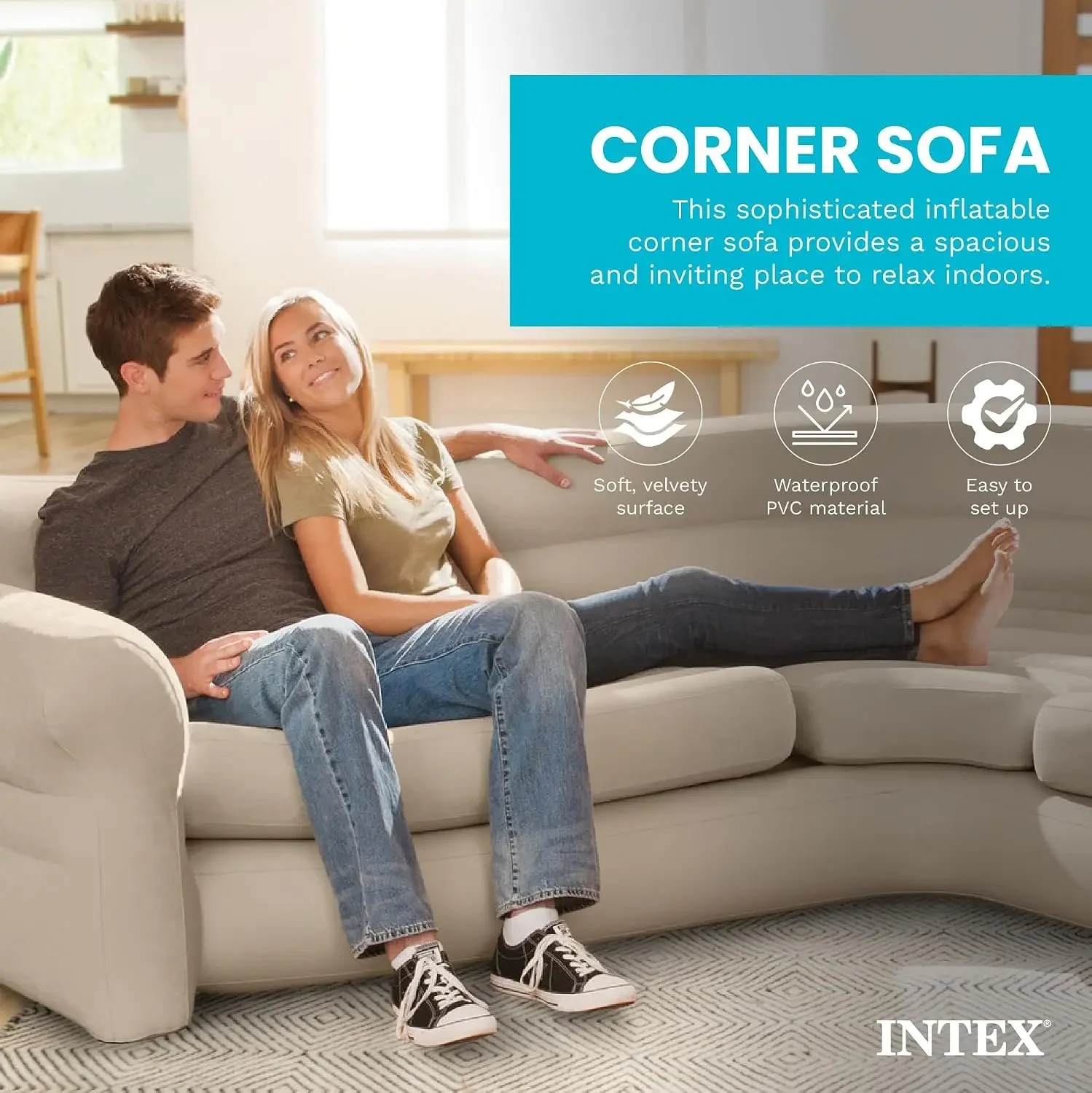 Inflatable Corner Sofa, L-Shaped Couch with 880 lb. Weight Capacity, 2-in-1 Valve for Easy Indoor Setup, 101