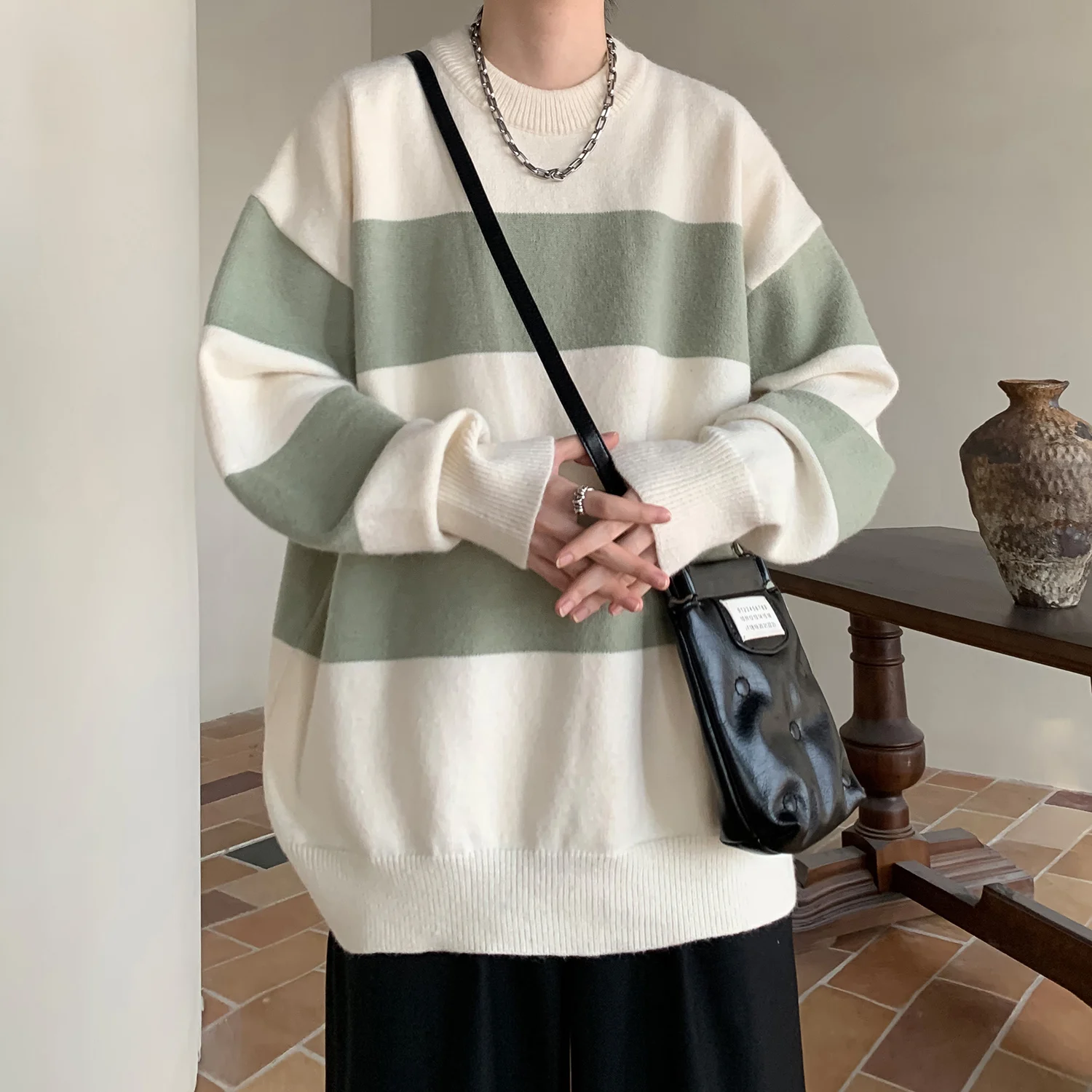 

Color Blo Striped Men's Knitwear Spring Autumn Loose Fit round Ne Base irt American Retro Lazy Sle Casual Long Sve