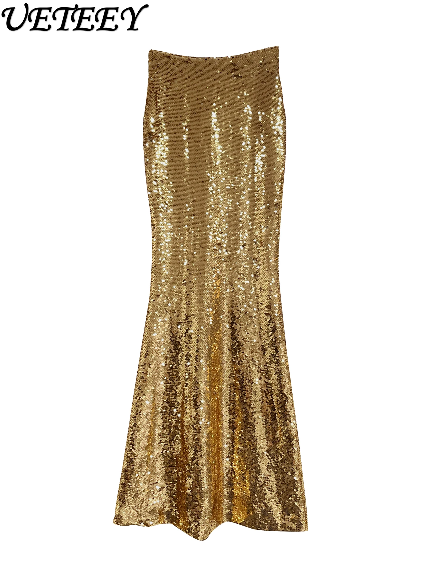 Light Luxury Fashion Bodycon Mermaid Long Skirt Autumn New Sparkling Gold High Waist Slimming Sequin Maxi Skirts for Women