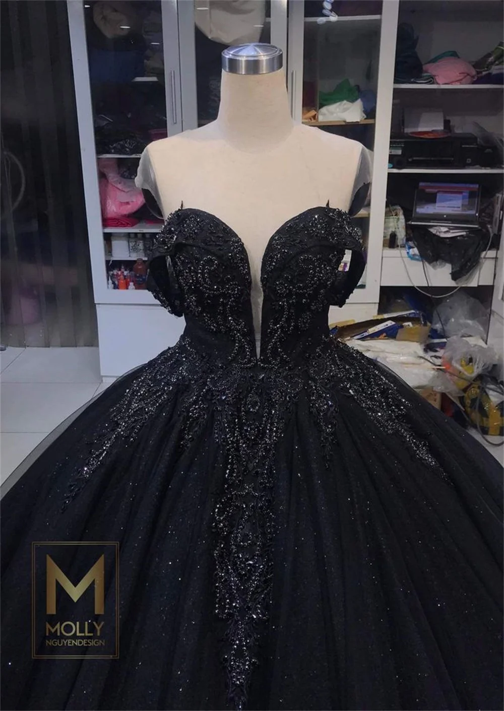 Sansa Black Ball Gown فساتين السهرة  فساتين للحفلات الراقصة Sexy Off Shoulder Prom Dress Shiny Sequins Embroid Party Dress