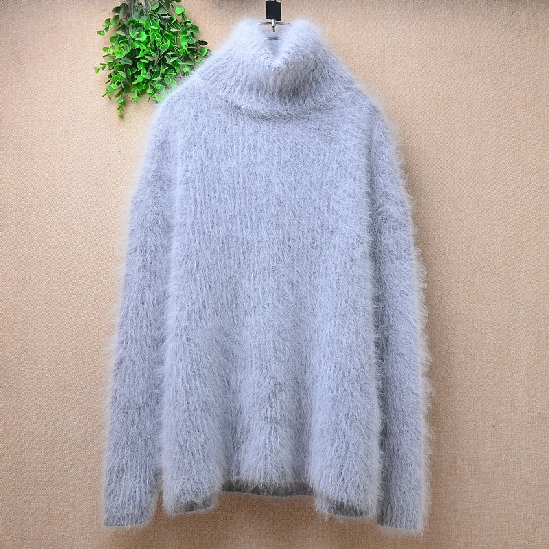 

Ladies Women Autumn Winter Clothing Grey Hairy Angora Rabbit Hair Knitted turtleneck Long Sleeves Striped Loose Pullover Sweater