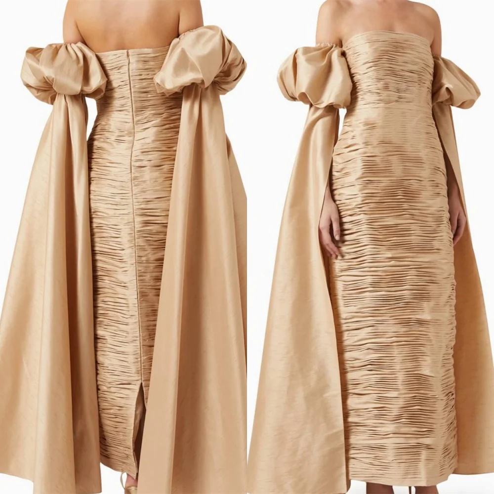 

Customized Delicate champagne Satin Evening Dress Elegant Graceful Strapless Cap Sleeve Long Sleeves Zipper Back Cocktail Dress