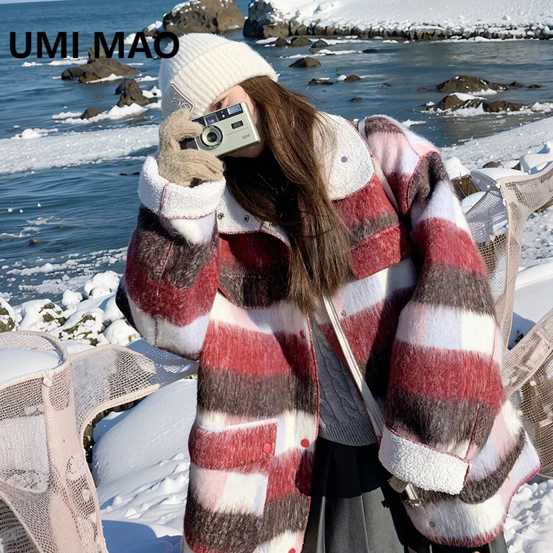 

UMI MAO Winter Women's Woolen Coat Plaid Thickened High-end Super Stylish Elegant Korean Lamb Wool Fur Female Overcoat
