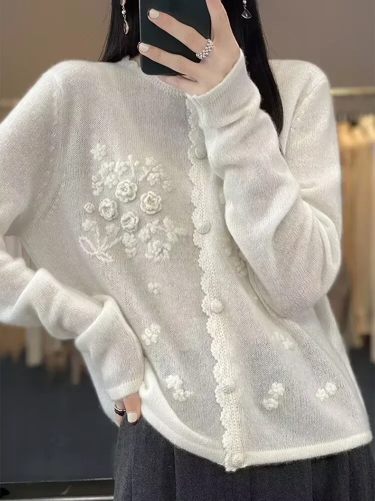 TPJB Autumn New Sweet Mori Style Handmade Embroidered Sweater Coat Round Neck Long Sleeve Cardigan Sweater
