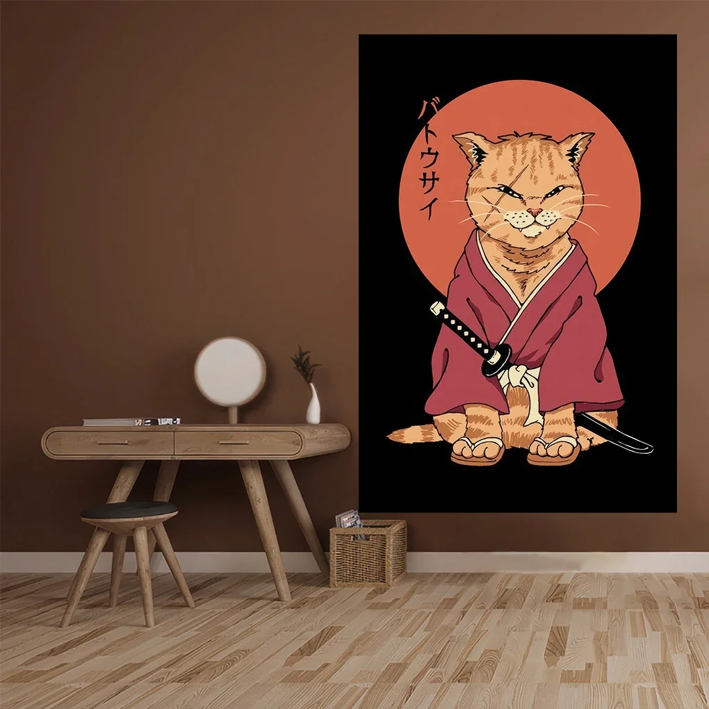 Japanese Samurai Cat Tapestries Classic Vintage Wall Hanging Rugs Lovely Living Room Or Bedroom Decor macrame wall hanging