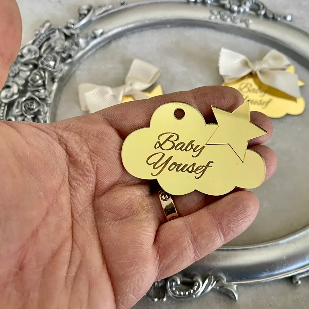 30/50/100 Custom Cloud Party Favor Tag Personalized Cloud Star Acrylic Mirror Tag Baby Shower Name Baptism Wedding Table Decor