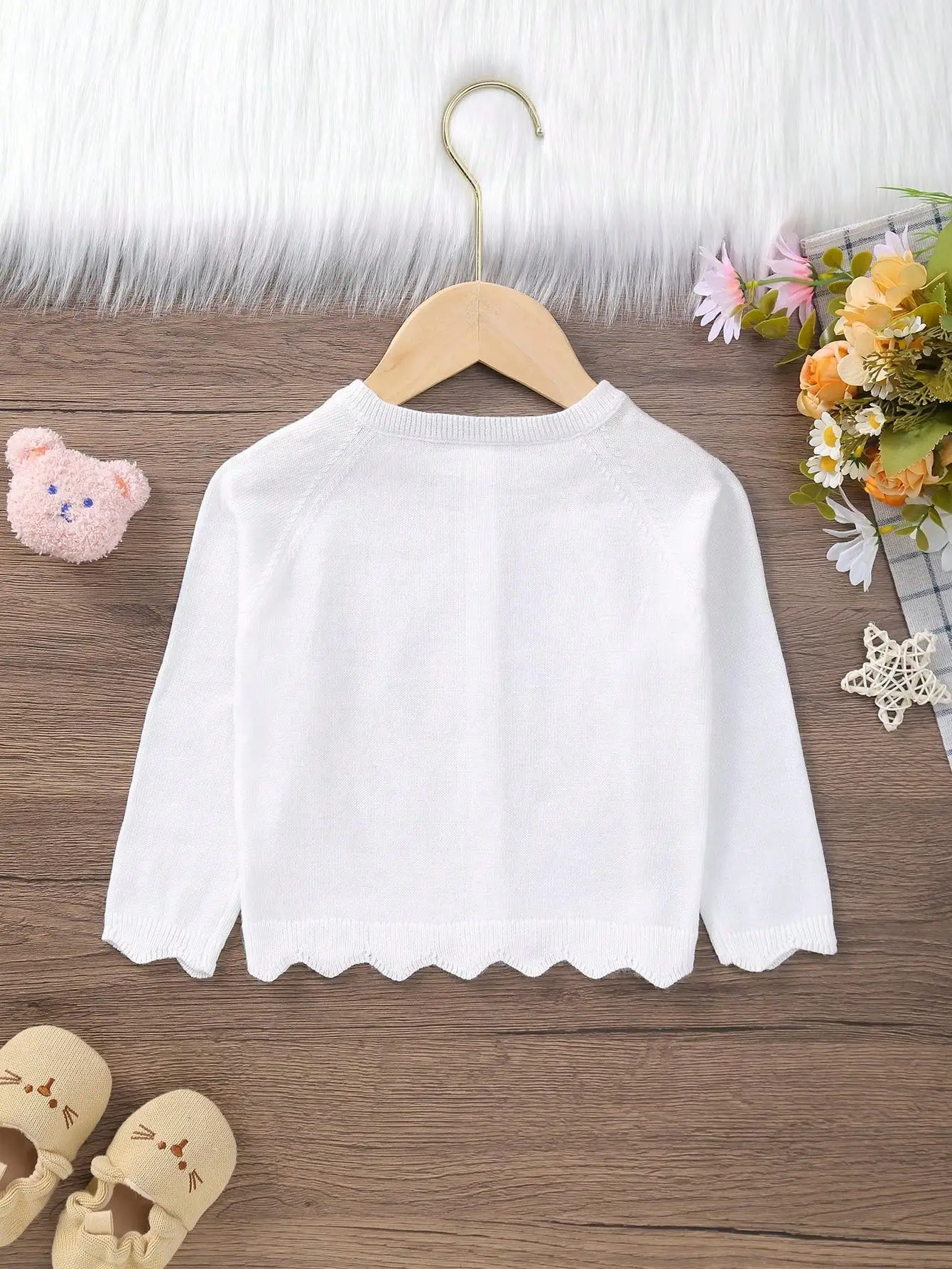 Baby Girl's Lightweight Hollow-Out Pattern Buttoned Long-Sleeve Knit Cardigan Jacket