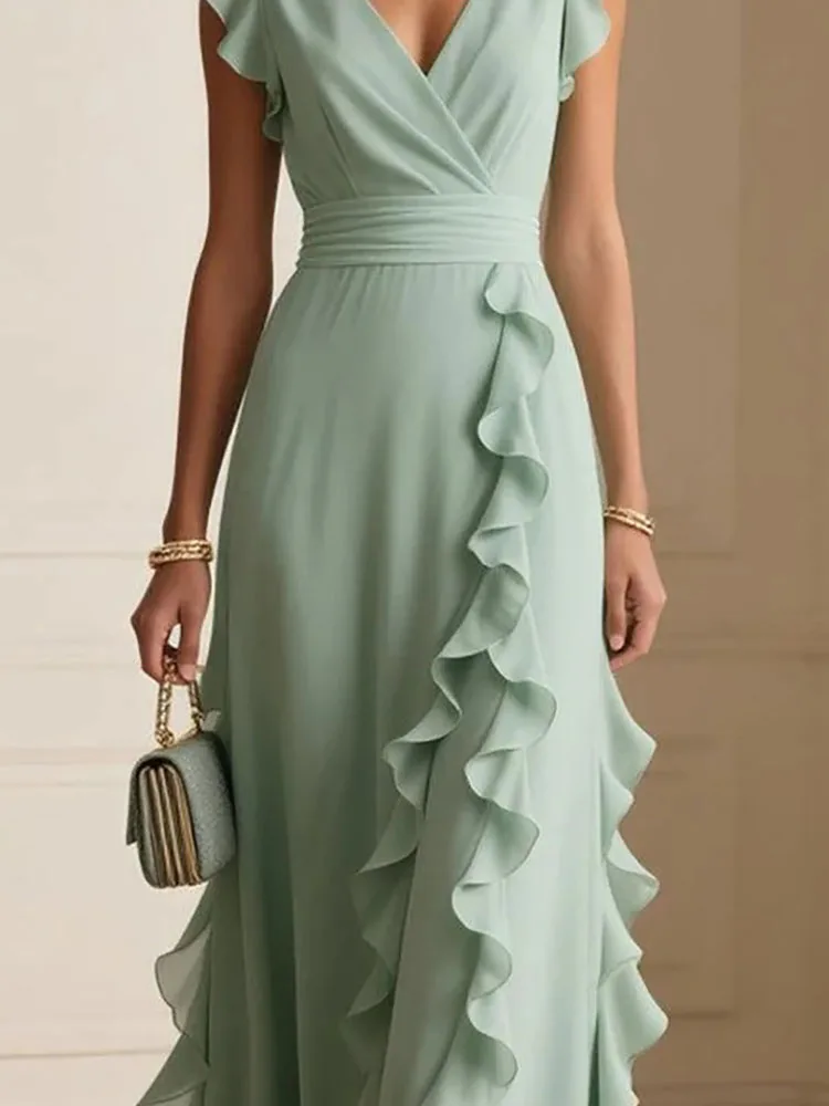 

Летнее модное вечернее платье с оборками, женское сексуальное однотонное платье трапециевидной формы с v-образным вырезом, 2025 г., элегантное облегающее длинное платье с высокой талией