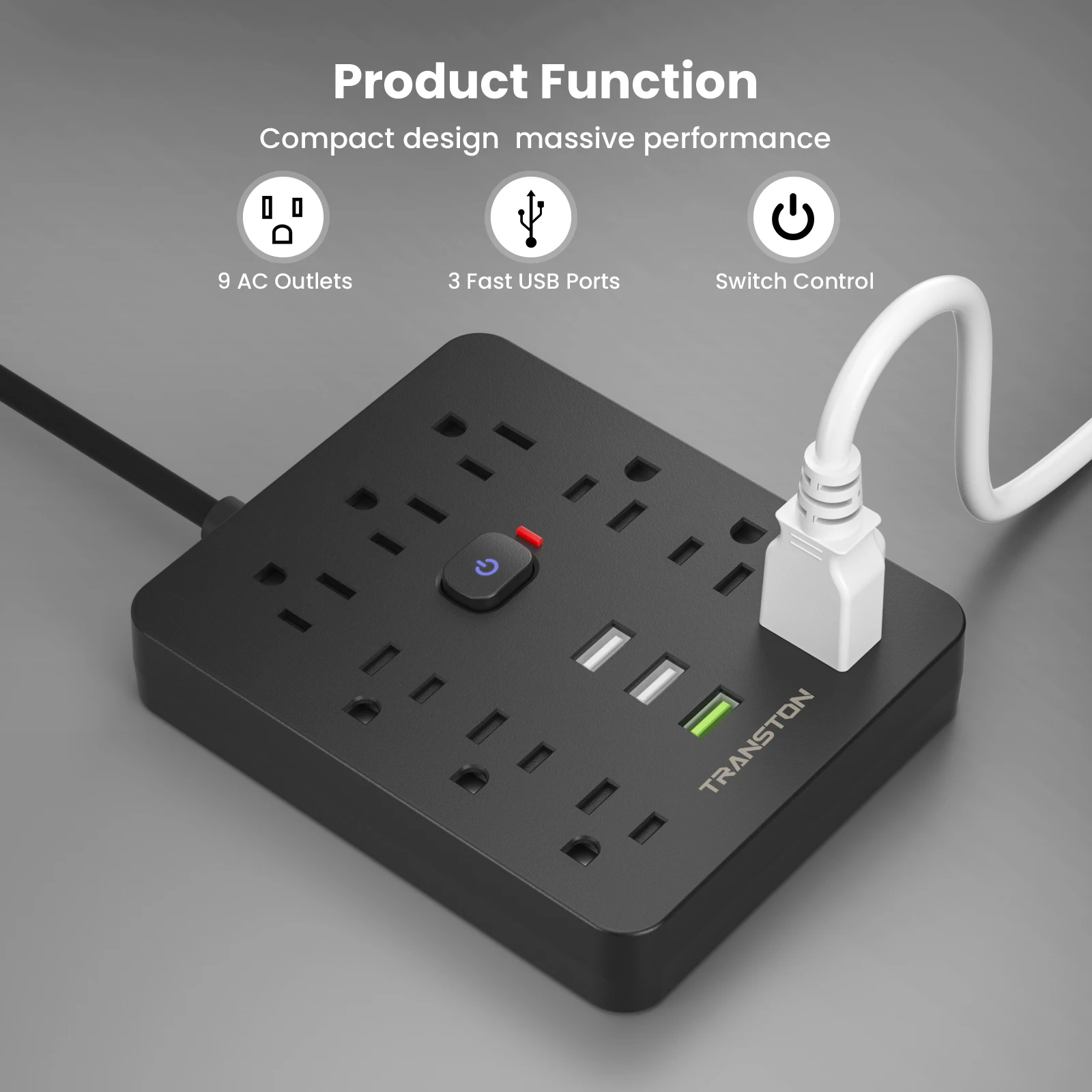 مخرج طاقة TRANSTON مع واقي من زيادة التيار، 9 شرائط طاقة 3 منافذ USB، سلك تمديد بطول 10 أقدام، شحن سريع، للمنزل والمكتب