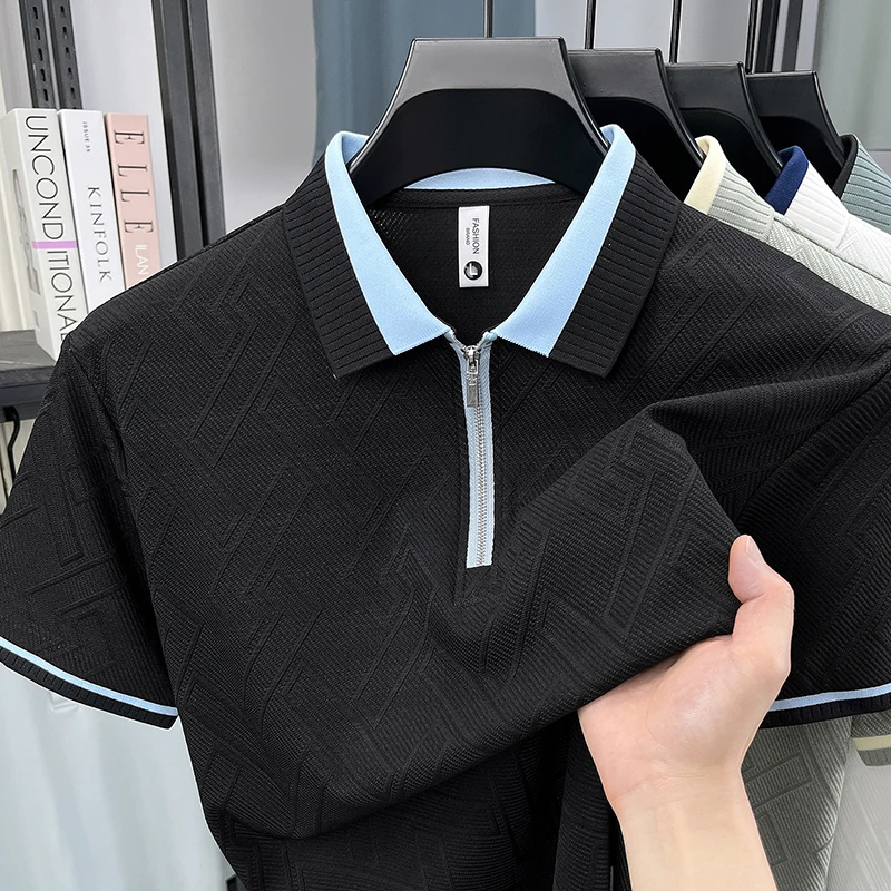 Summer New Men's Zippered Polo Shirt- Breathable and Cool- Flared Collar- Loose Short Sleeves
