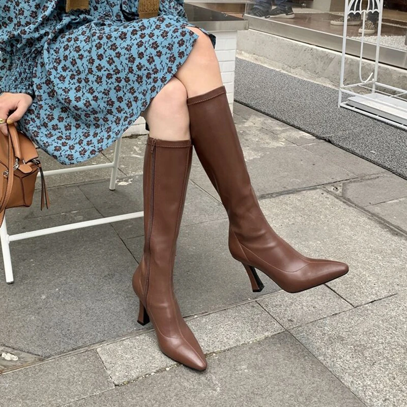 

Women New Pointed Toe High Heels Long Boots Spring 2024 Shoes Woman Knee-high Booties Side Zipper PU Leather Botas Female Shoes