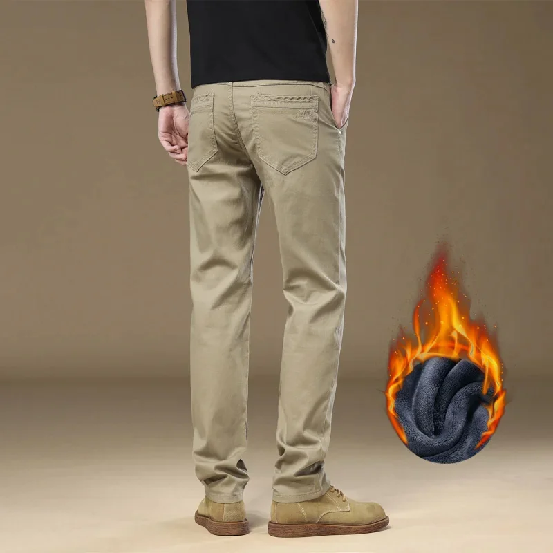 Pantaloni casual da uomo ispessiti imbottiti di fascia alta autunno e inverno grigio kaki Slim piccoli dritti 40 metri