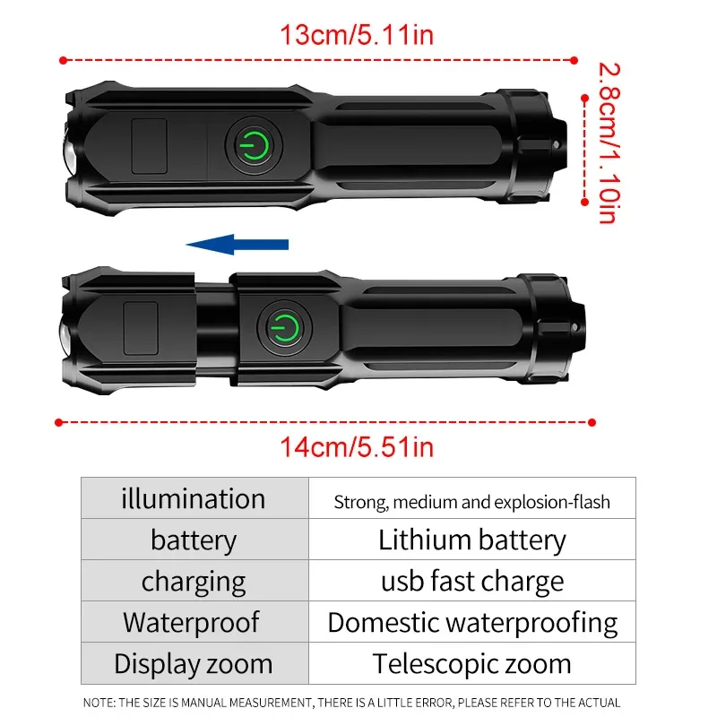 ズーム付きLED伸縮式懐中電灯,強力なライト,USB充電,コンパクト,ポータブル,フォーカス付き,長距離,家庭用