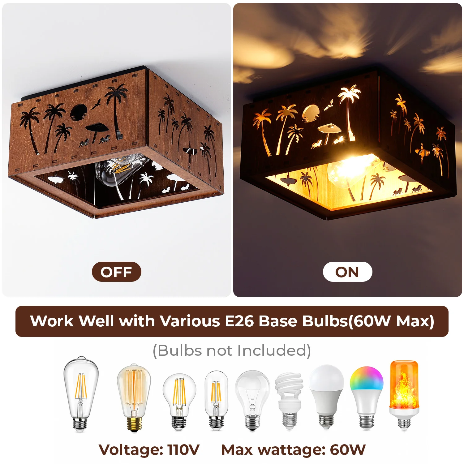 Rustic Wood Flush Mount Ceiling Light Palm Tree Cutout Square Ceiling Lamp E26 110V Farmhouse Close to Ceiling Lighting for Porch Bedroom Living Room