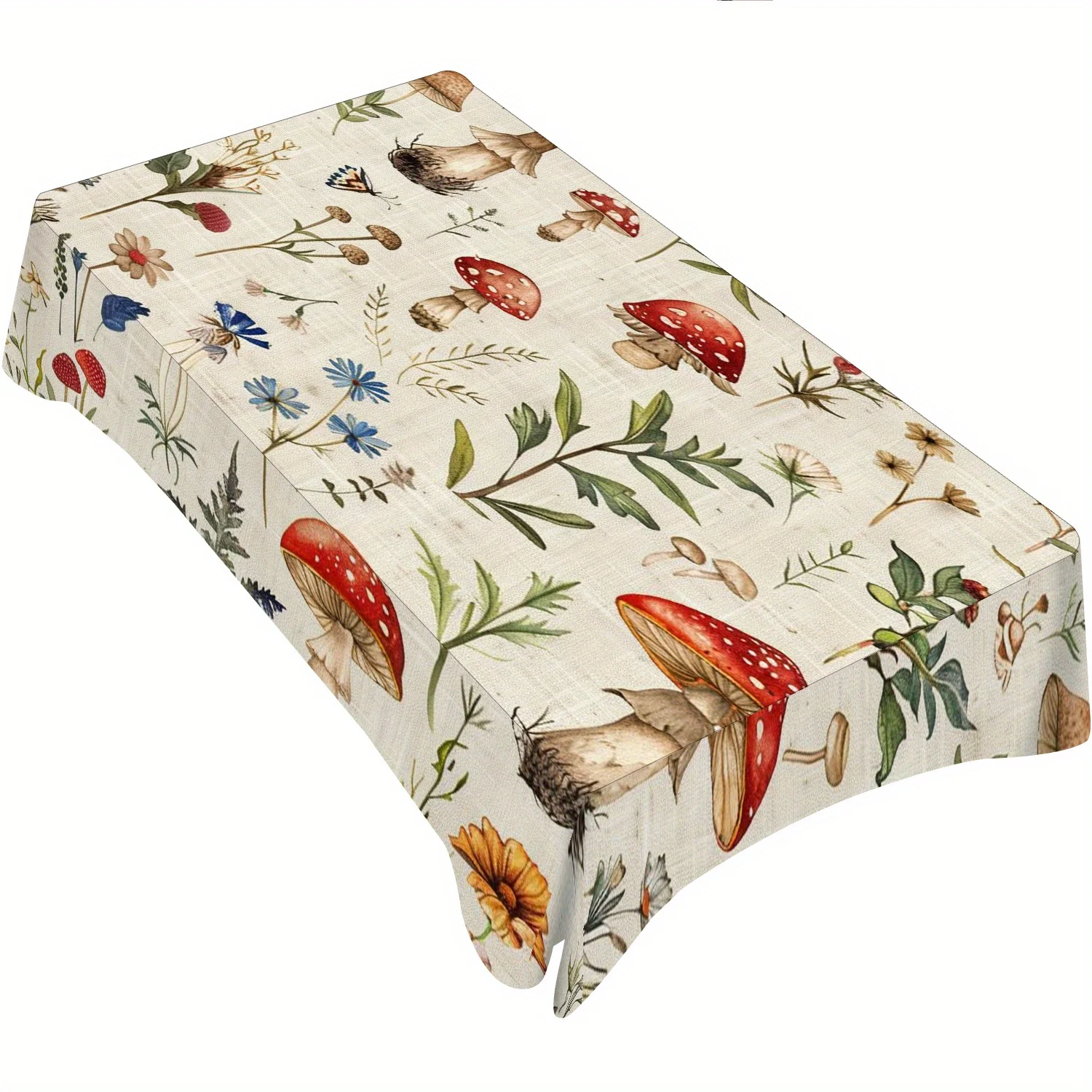 Whimsical Floral & Mushroom Design Square Tablecloth - Durable Polyester Machine- Decorative Cover for Dining & Coffee Tables