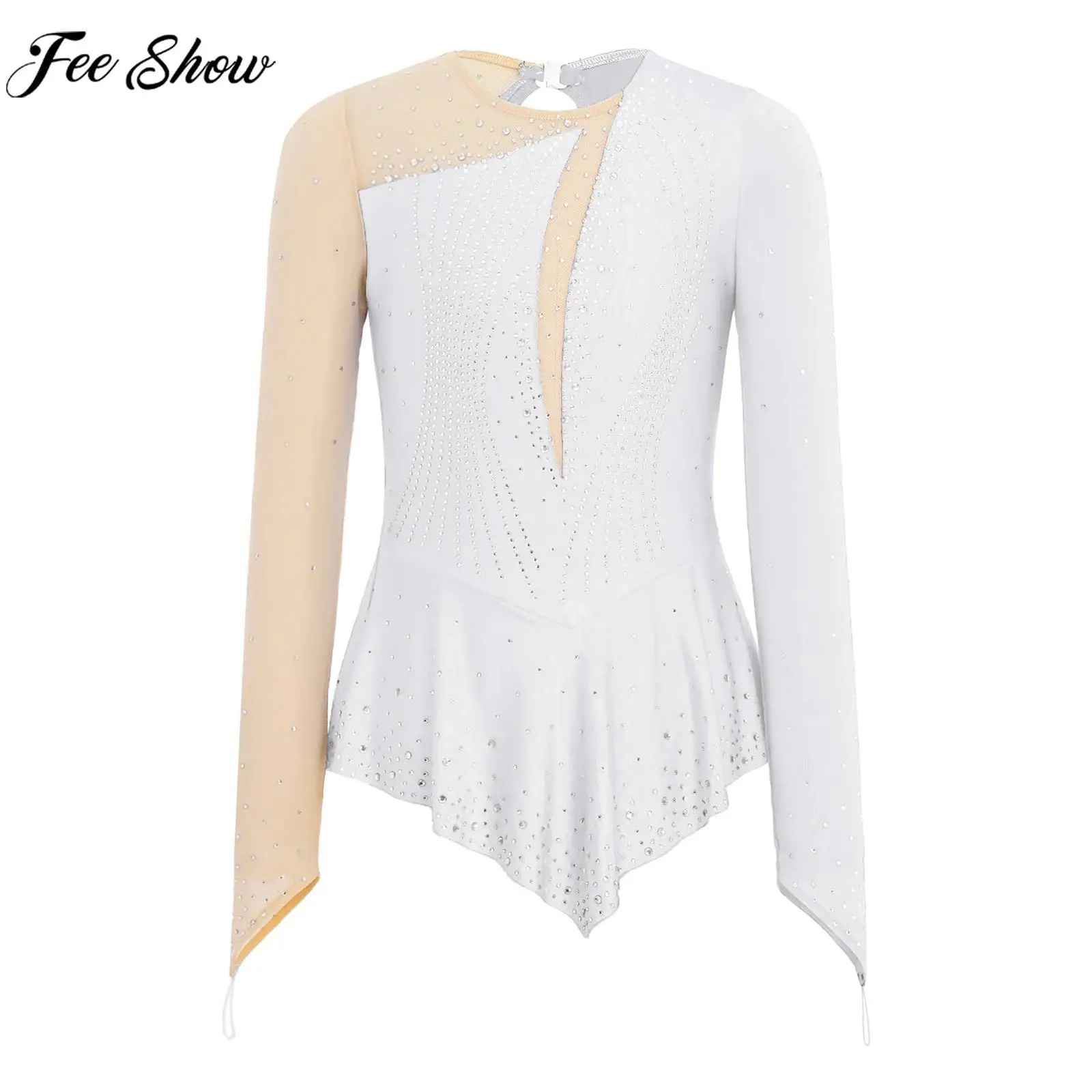 

Платье для фигурного катания для девочек, с длинным рукавом, блестящее, с сеткой и стразами, для гимнастики, акробатики, балета, танцев, купальник-платье