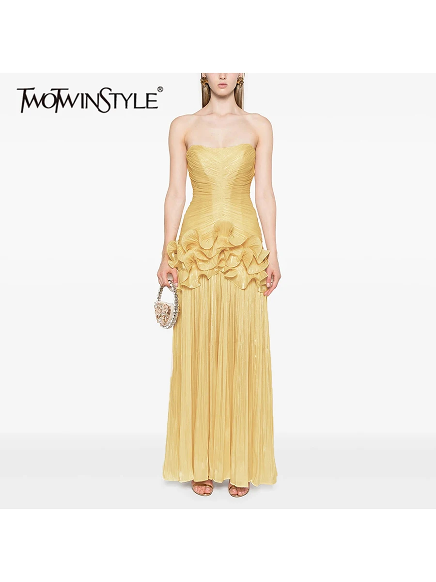 TWOTWINSTYLE Tempatement Patchwork Ruffle Slim Dress For Women Strapless High Waist Ruched Midi Elegant Dresses Female Fashion