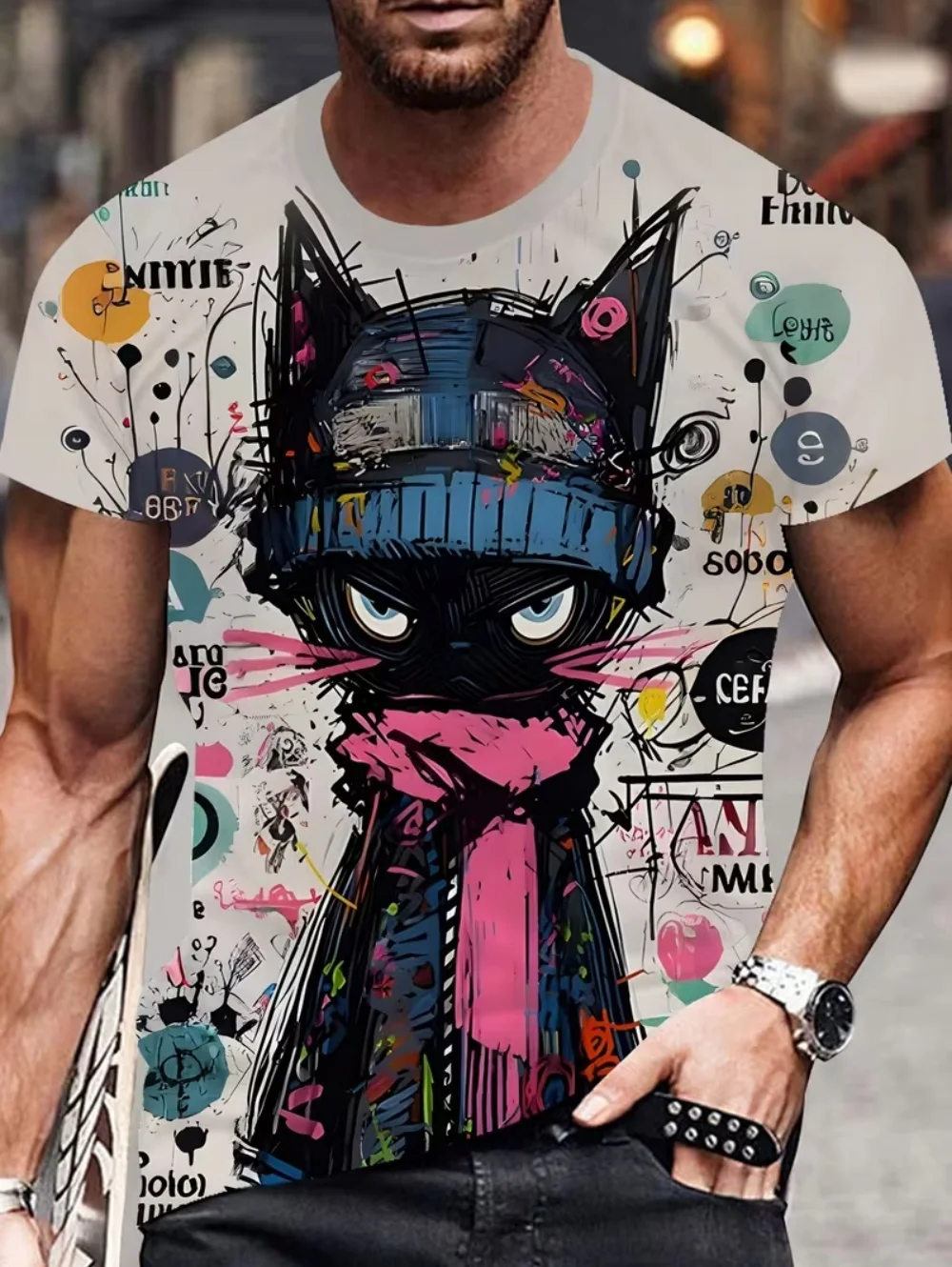 

Новая мужская футболка с анимационным котом и граффити, футболка с короткими рукавами, модная мужская футболка большого размера, уличные повседневные топы с круглым вырезом, одежда