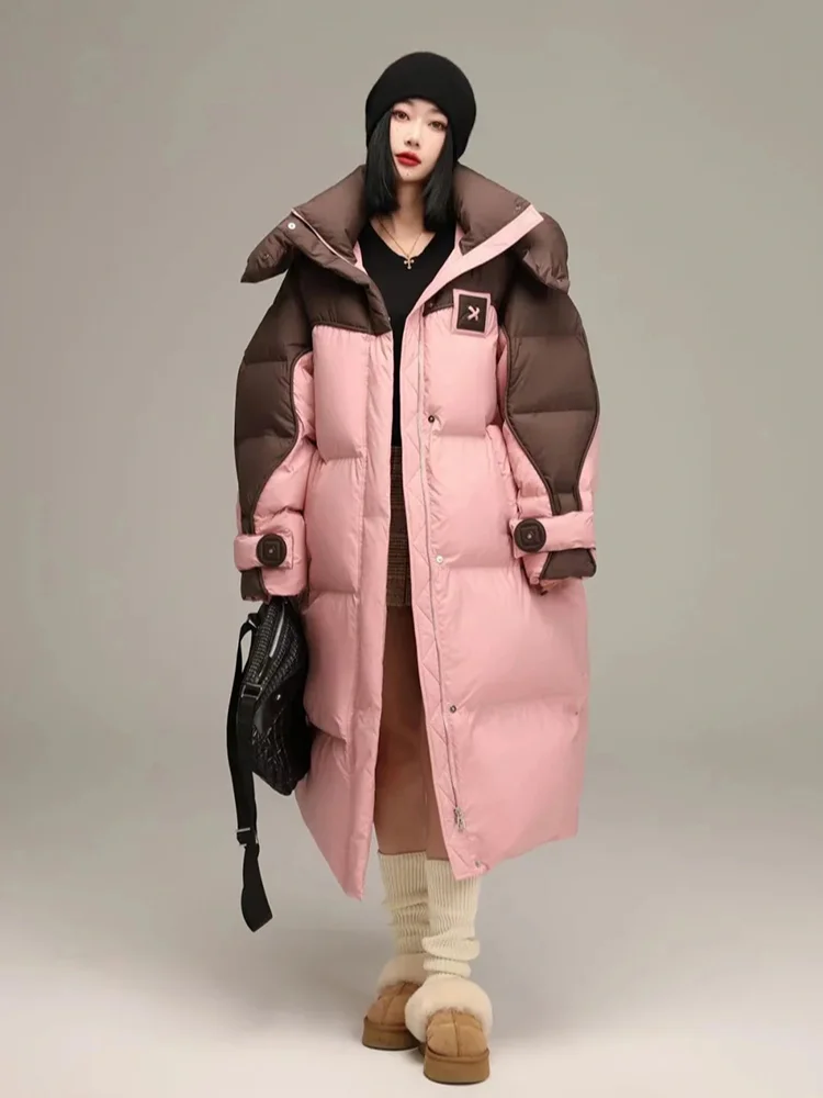 Winter Jacket for Women Thickened Hooded Long Down Coats White Duck Warm Knee-length Color Splicing Winter Jackets Snow Coat