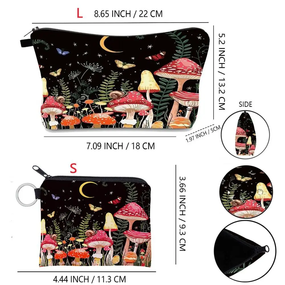 Portable Mushroom Print Cosmetic Bag Large Capacity Polyester Coin Purse Zipper Travel Storage Bag