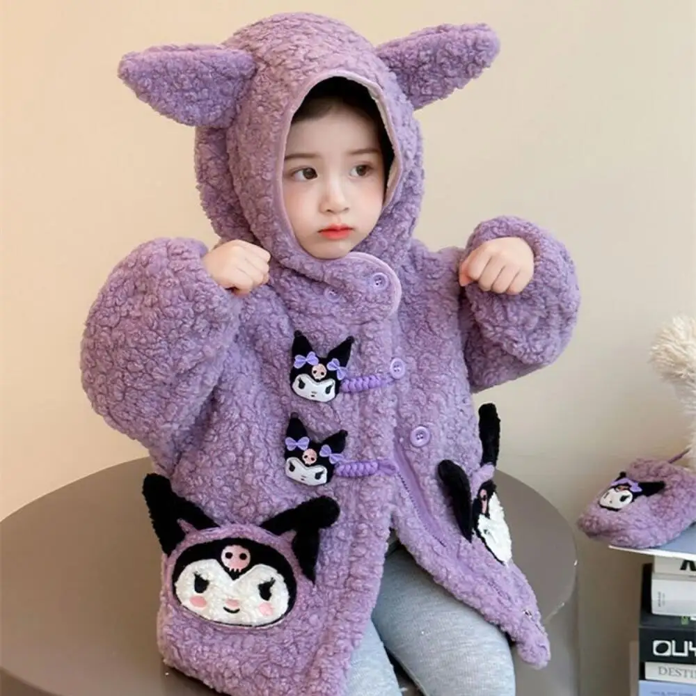 

Cute Anime Kuromi Doll Girls' Winter Warm Outdoor Hooded Jacket Plush Coat Children's Thicken Cashmere-Like Outerwear Snowsuit