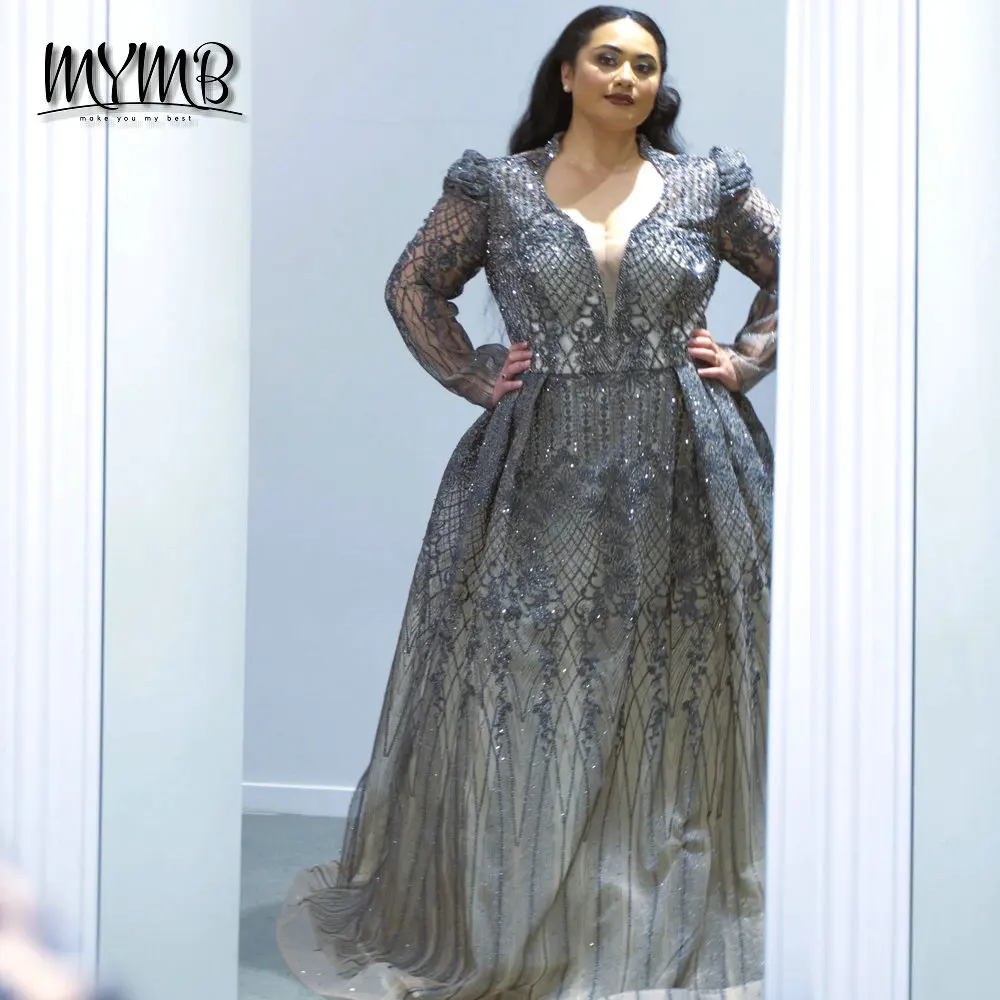MYMB Elegant V Neckline Black Ball Gowns Plus Size Muslim Long Sleeves Embroidered Beading Evening Dresses for Women Prom DWS202