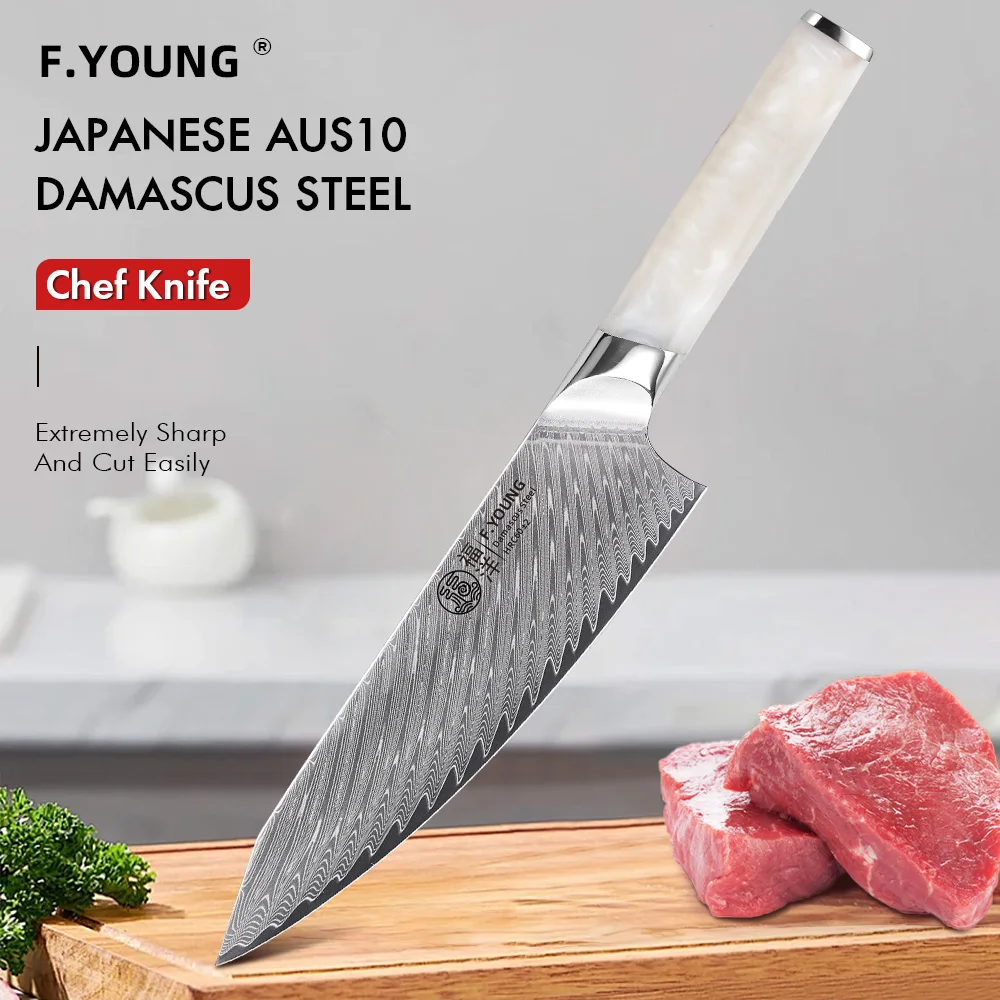 

F.YOUNG 8" Japanese Chef Knife Damascus Steel Professional Kitchen Knives Cutting Slicing Meat Cleaver Household Cooking Tools