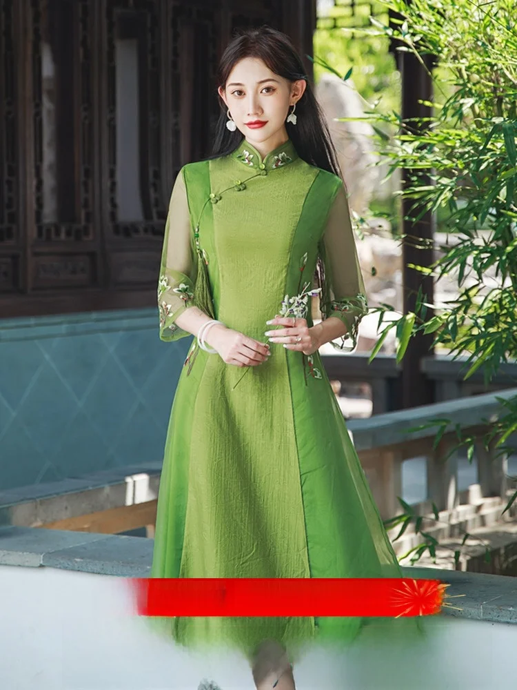 

Женское платье в стиле ретро с длинным косым воротником, из смесового полиэстера, для повседневной носки, без разрезов, в китайском стиле, с длинными рукавами.