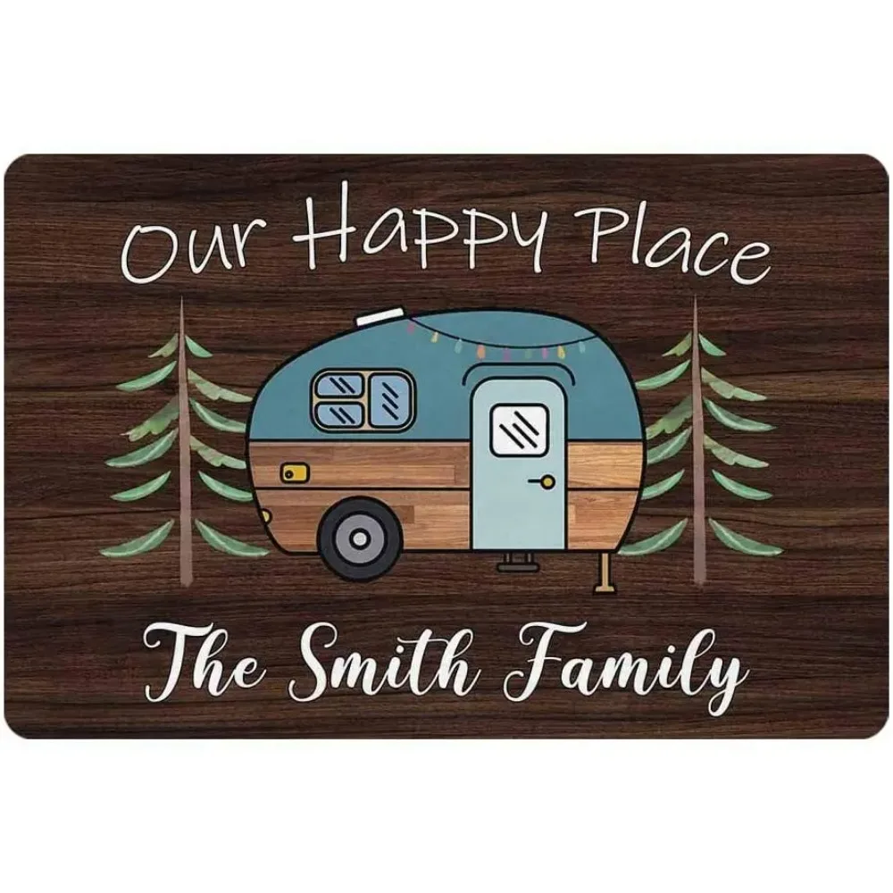 Personalized Camper Doormat Our Happy Place Custom Camping Door Mat with Family Name Indoor Funny Entrance Camp Welcome Door Mat