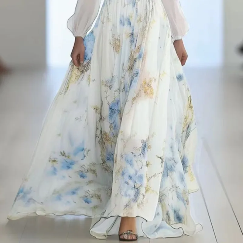 エレガントな花柄パッチワークシフォンドレス、ボヘミアンセクシーVネックホローロングドレス、レディース2025夏パフルーズマキシドレス